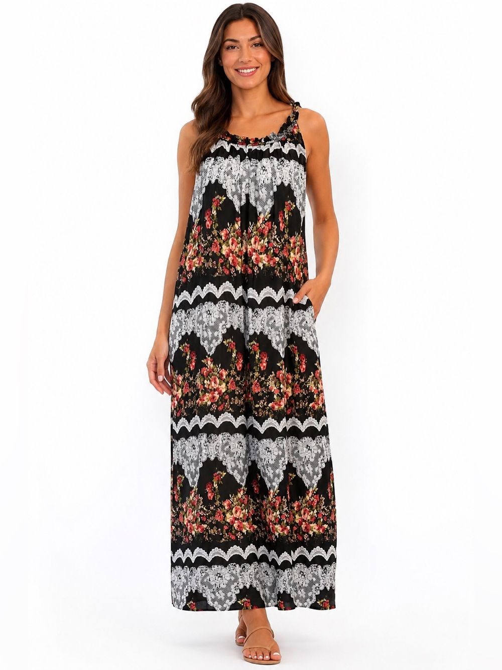 Floral Lace Print Maxi Dress with Spaghetti Straps Women’s XL boho black red
